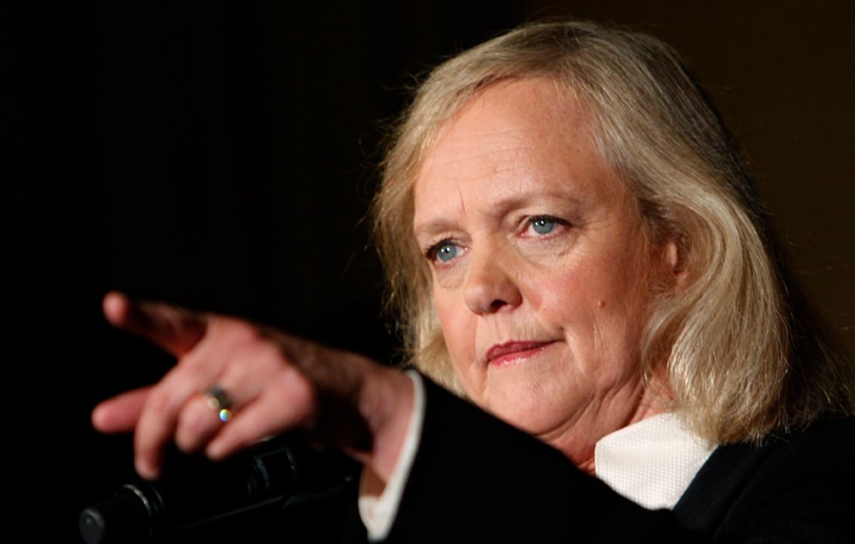 California Republican gubernatorial candidate Meg Whitman gestures at a news conference following her debate with Democratic candidate Jerry Brown at Dominican University in San Rafael, California October 12, 2010.  REUTERS/Robert Galbraith  (UNITED STATES - Tags: POLITICS)  (Â© Robert Galbraith / Reuters)