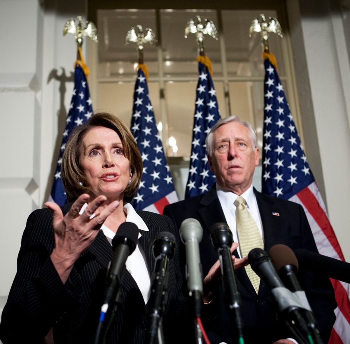 Speaker of the House Nancy Pelosi and House Majority Leader Rep. Steny Hoyer (D-MD) speak about the stimulus package in Washington, DC, February 11, 2009. U.S. lawmakers reached a compromise deal on Wednesday on a $789 billion package of tax cuts and spending to rescue the ailing economy and votes could begin as early as Thursday.  REUTERS/Joshua Roberts (UNITED STATES) (Â© Joshua Roberts / Reuters)