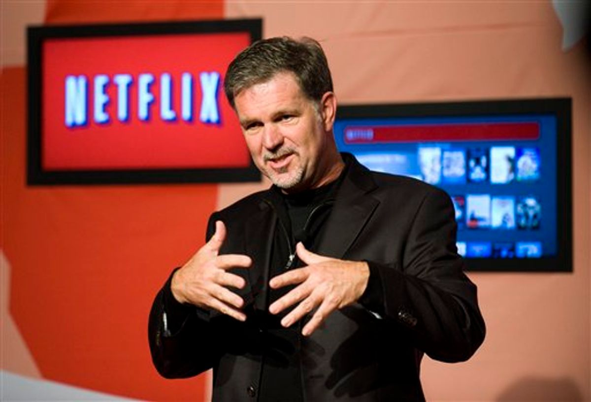 Reed Hastings, CEO of Netflix, announces Netflix's expansion to Toronto, Canada, Wednesday, September 22, 2010. The video-streaming company (Nasdaq:NFLX) is offering a one-month free trial as it launches in Canada Wednesday followed by a monthly fee of $7.99. (AP Photo/The Canadian Press, Adrien Veczan)  (AP)