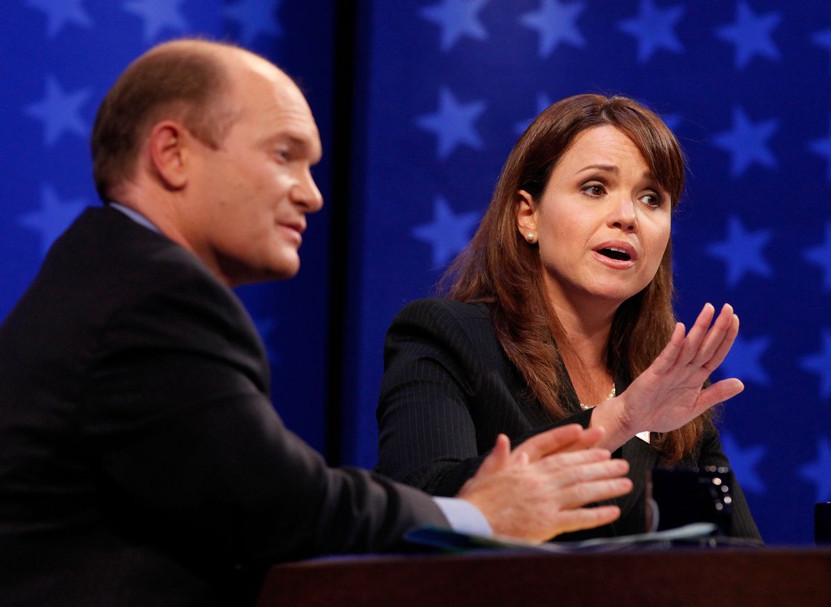 Democratic candidate Chris Coons and Republican candidate Christine O'Donnell, right, respond to a question during a televised Delaware Senate debate at the University of Delaware in Newark, Del., Wednesday, Oct. 13, 2010. (AP Photo/Jacquelyn Martin, Pool)  (AP)