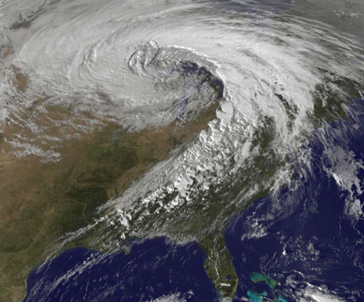 Satellite image of the Oct. 26, 2010, superstorm taken at 5:32 p.m. EDT. At the time, Bigfork, Minn., was reporting the lowest pressure ever recorded in a U.S. non-coastal storm.