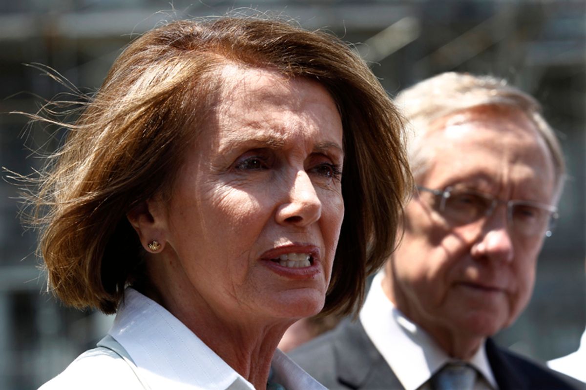 Democrat leaders Nancy Pelosi and Harry Reid (R) speak after a bipartisan meeting with President Barack Obama at the White House in Washington June 10, 2010. REUTERS/Kevin Lamarque (UNITED STATES - Tags: POLITICS)   (Â© Kevin Lamarque / Reuters)