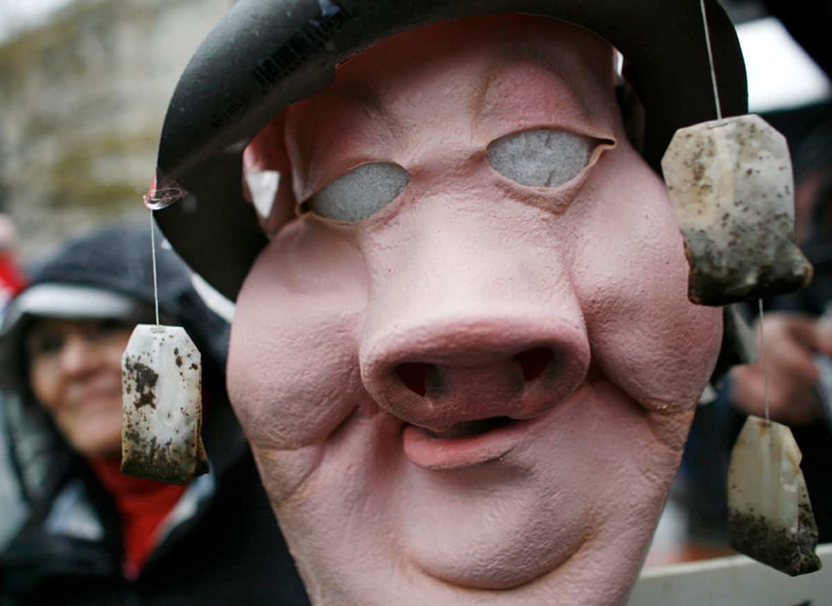 A woman participates in a rally as part of national Tax Day in Lafayette Park across from the White House in Washington, April 15, 2009. The tea bags represent the rebellion of the Boston tea party. REUTERS/Jim Young    (UNITED STATES BUSINESS CONFLICT) (Â© Jim Young / Reuters)