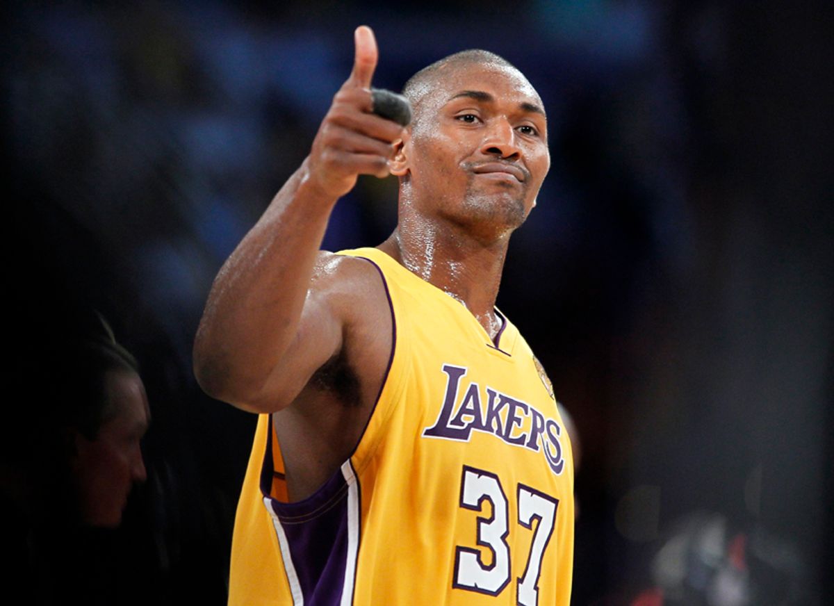 Los Angeles Lakers Ron Artest gives the thumbs up after the Lakers defeated the Boston Celtics in Game 1 of the 2010 NBA Finals basketball series in Los Angeles, California  June 3, 2010 . The Lakers won the game 102-89 to lead the series 1-0.    REUTERS/Mike Blake (UNITED STATES - Tags: SPORT BASKETBALL)  (Â© Mike Blake / Reuters)
