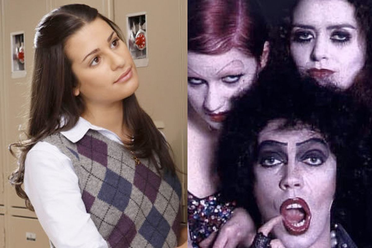 Left: Lea Michele as Rachel in "Glee." Right: A still from "The Rocky Horror Show."