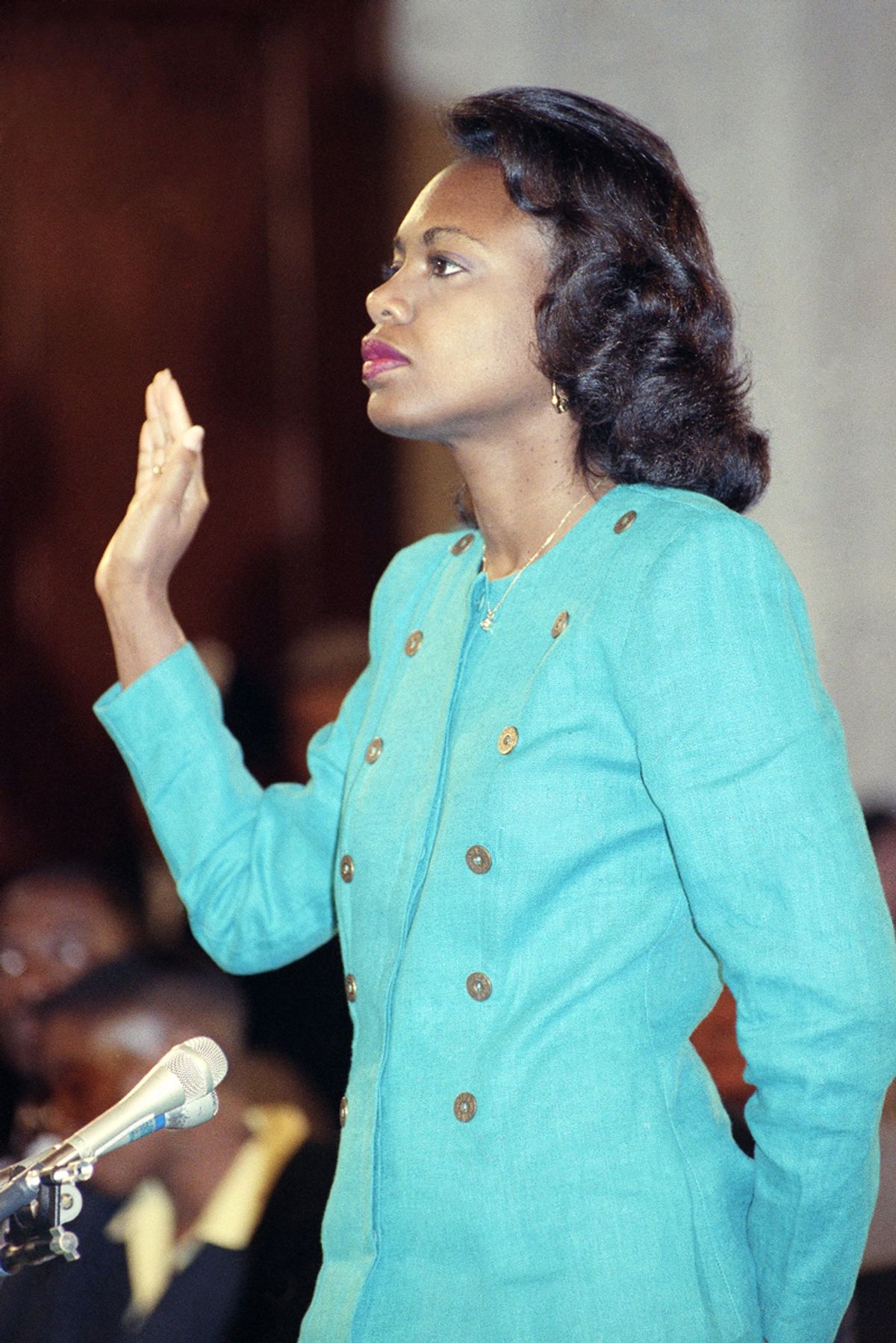 FILE - University of Oklahoma law professor Anita Hill is sworn in, in the Caucus Room before testifying before the Senate Judiciary Committee on Capitol Hill in Washington, in this Oct. 11, 1991 file photo. Virginia Thomas said in a statement Tuesday Oct. 19, 2010 that she was "extending an olive branch" to Hill, now a Brandeis University professor, in a voicemail message left over the weekend asking Anita Hill to apologize for accusing the justice of sexually harassing her. (AP Photo/Greg Gibson, File) (Greg Gibson)