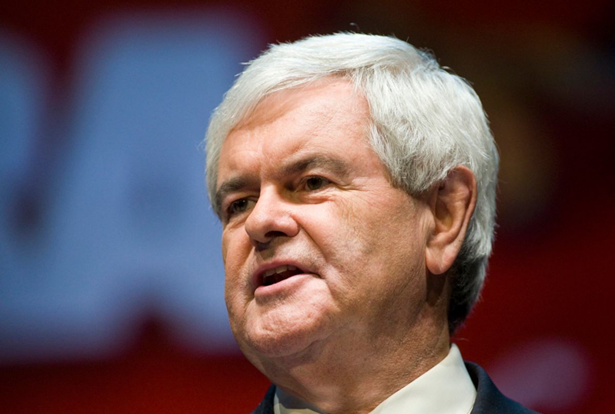 Former Speaker of the House Newt Gingrich speaks during the National Rifle Association's 139th annual meeting in Charlotte, North Carolina on May 15, 2010. REUTERS/Chris Keane (UNITED STATES - Tags: POLITICS)      (Â© Chris Keane / Reuters)