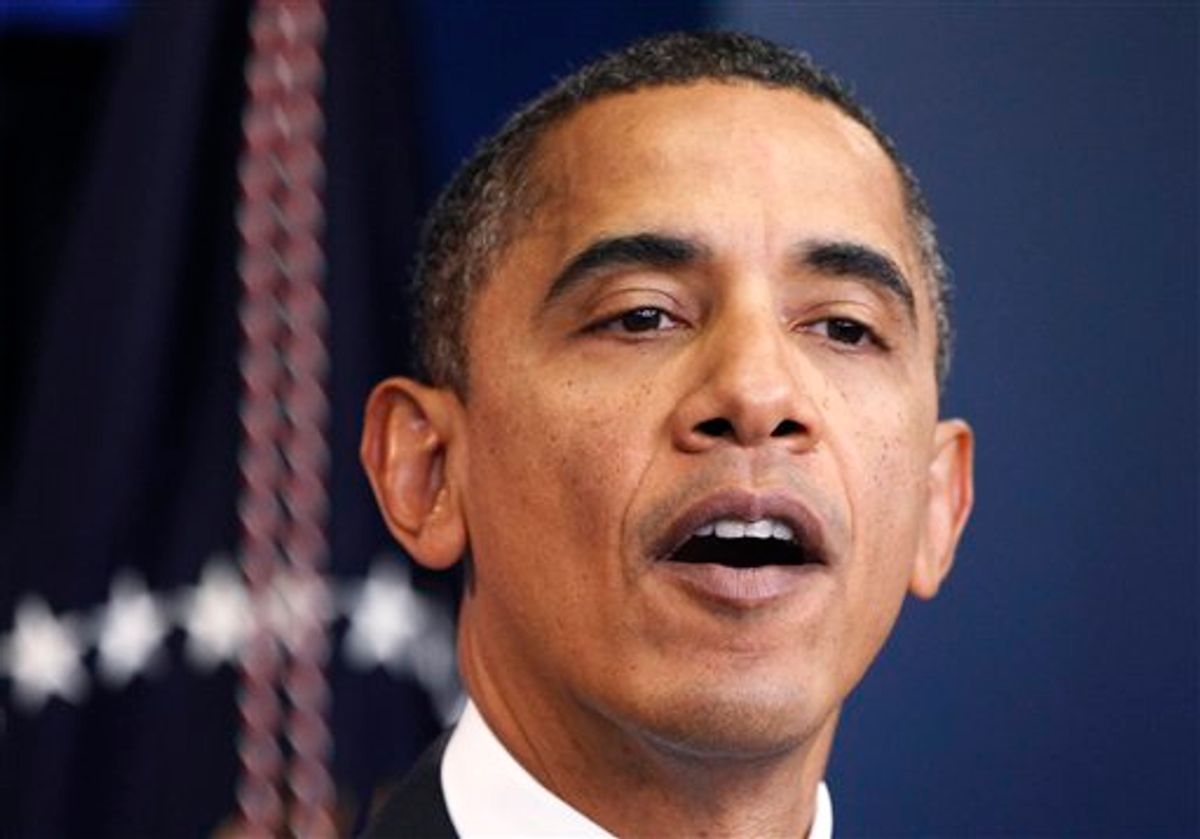 President Barack Obama delivers a statement at the White House in Washington, Friday, Oct. 29, 2010. Obama says US committed to disrupting al-Qaida in Yemen, stops short of tying group to bombs. (AP Photo/Manuel Balce Ceneta) (AP)