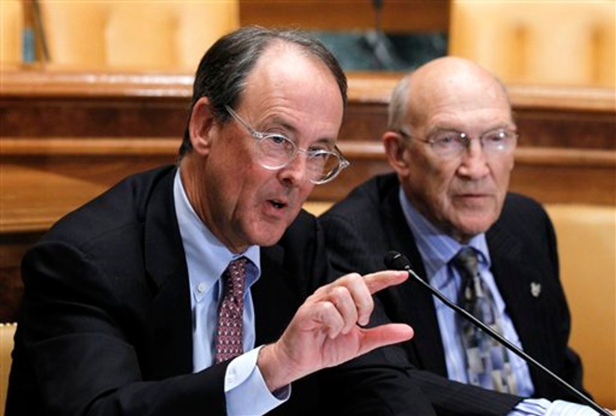 Erskine Bowles, left, accompanied by former Wyoming Sen. Alan Simpson.       (AP/Alex Brandon)