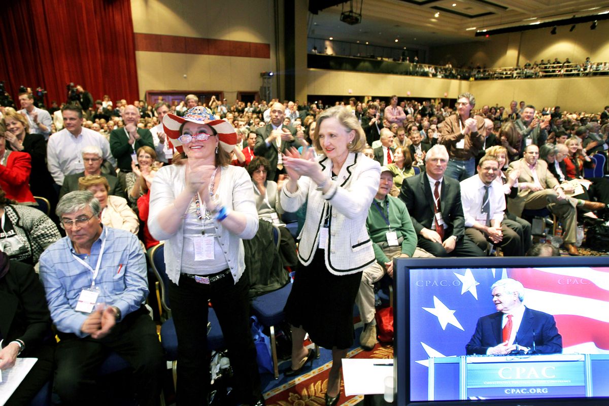 Attendees applaud former House Speaker Newt Gingrich as he speaks at the Conservative Political Action Conference (CPAC) in Washington Saturday, Feb. 20,2010.