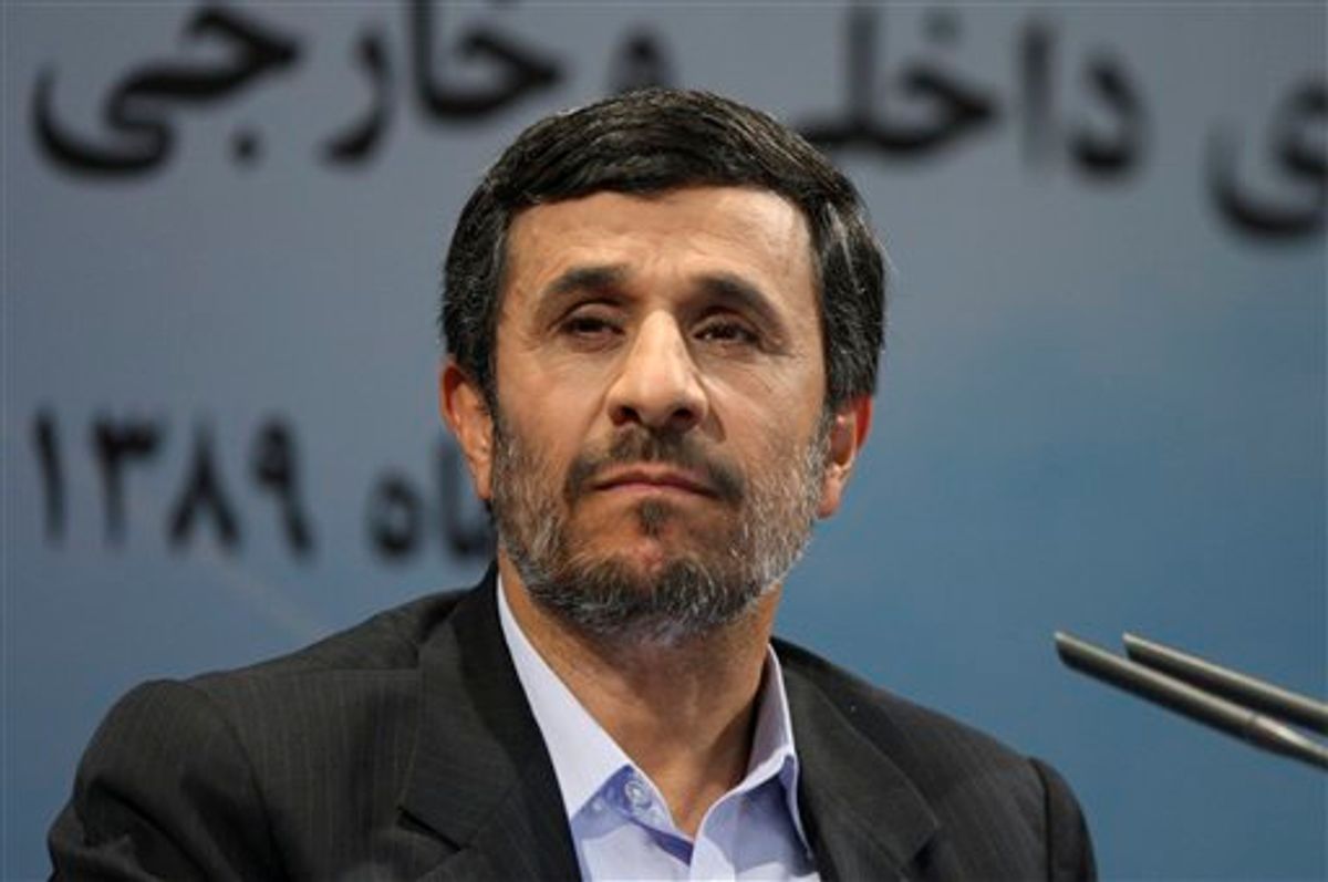 Iranian President Mahmoud Ahmadinejad listens to a question during his press conference in Tehran, Iran, Monday, Nov. 29, 2010. (AP Photo/Vahid Salemi) (AP)