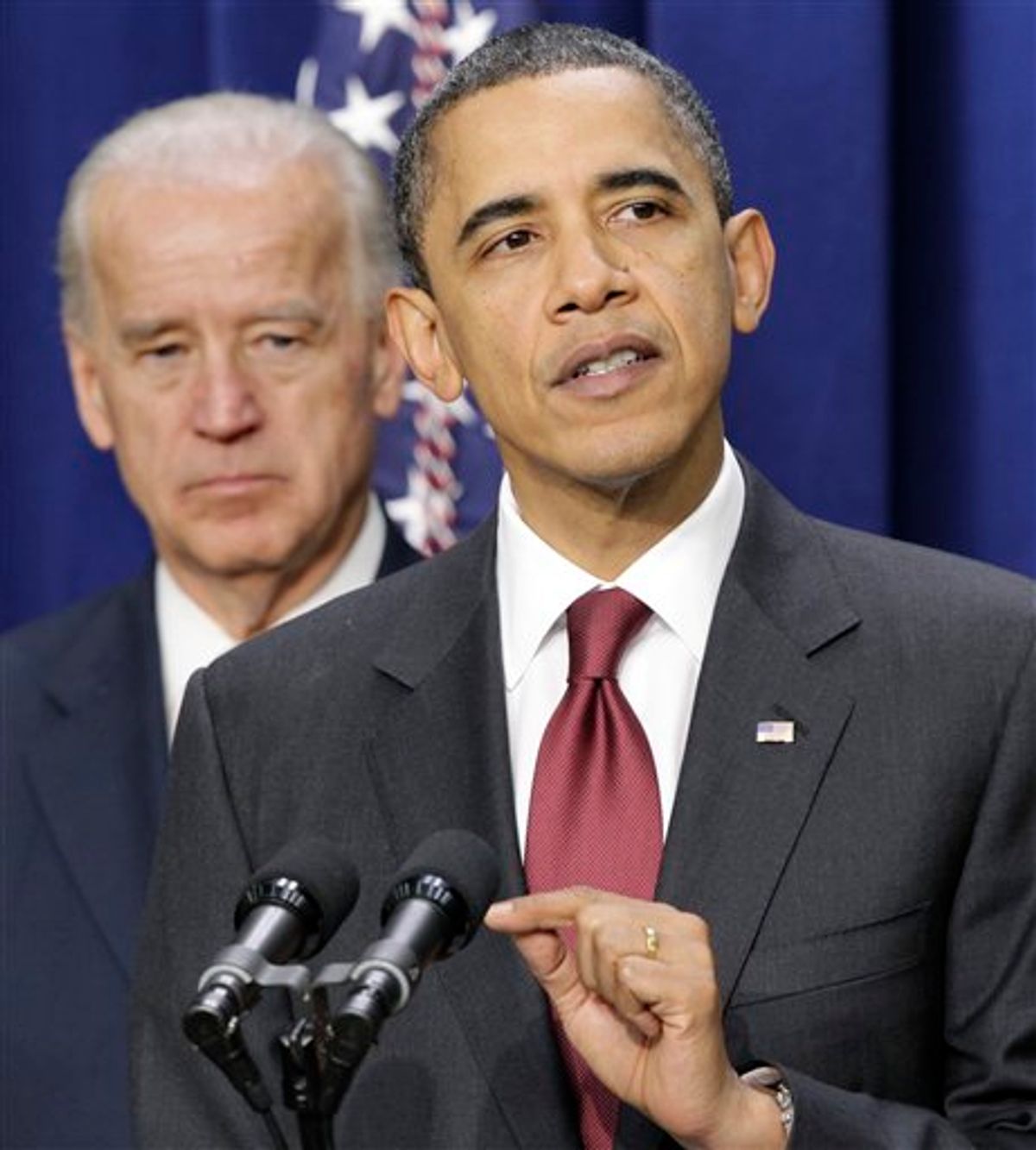 President Barack Obama, joined by Vice President Joe Biden at left, speaks before signing the bipartisan tax package that extends tax cuts for families at all income levels, at the Eisenhower Executive Office Building in the White House complex, Friday, Dec. 17, 2010, in Washington. Aimed at helping to stabilize the recovering economy, the bill keeps in place tax cuts instituted by President George W. Bush for another two years. (AP Photo/J. Scott Applewhite)  (AP)