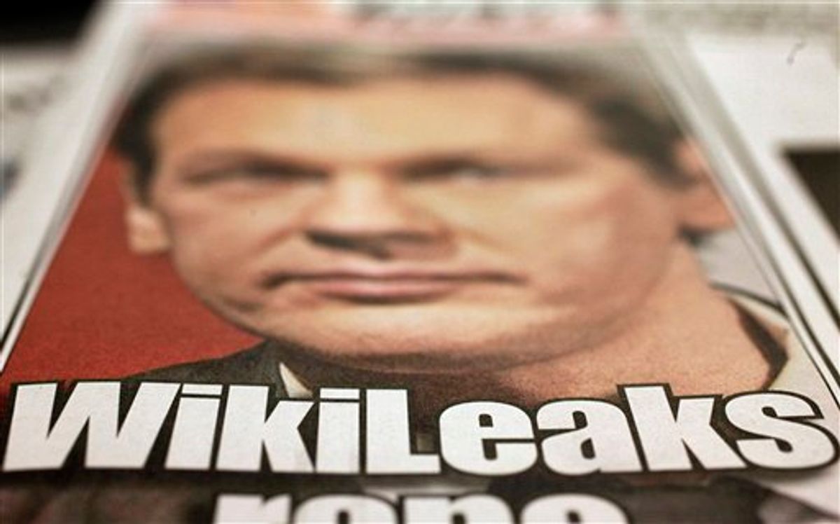 A picture of Wikileaks founder Julian Assange is shown in this photo of the cover of the Wednesday, Dec. 1, 2010 edition of the New York Post, photographed in New York,  Wednesday, Dec. 1, 2010. Police ratcheted up the pressure on Assange on Wednesday, asking European officers to arrest him on rape charges as his organization continued to embarrass the Obama adminstration with a stream of leaked diplomatic cables. (AP Photo/Richard Drew)      (AP)