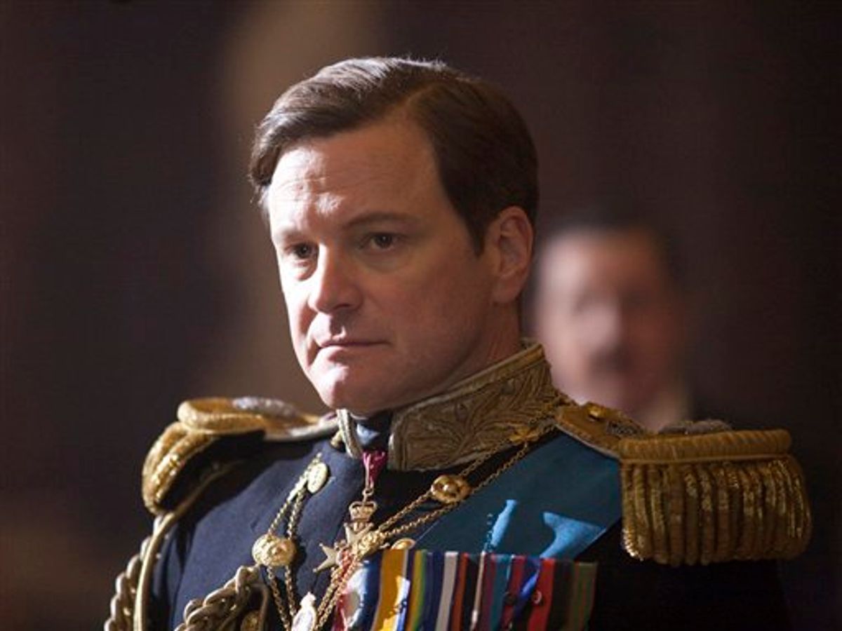 FILE - In this file film publicity image released by The Weinstein Company, Colin Firth portrays King George VI in "The King's Speech."  "The Social Network," a tale about the prickly founder of Facebook, and "The King's Speech," a saga of Queen Elizabeth II's stammering dad, are among likely nominees for Hollywood's biggest prize as Oscar nominations are announced Tuesday. (AP Photo/The Weinstein Company, Laurie Sparham, File) (AP)