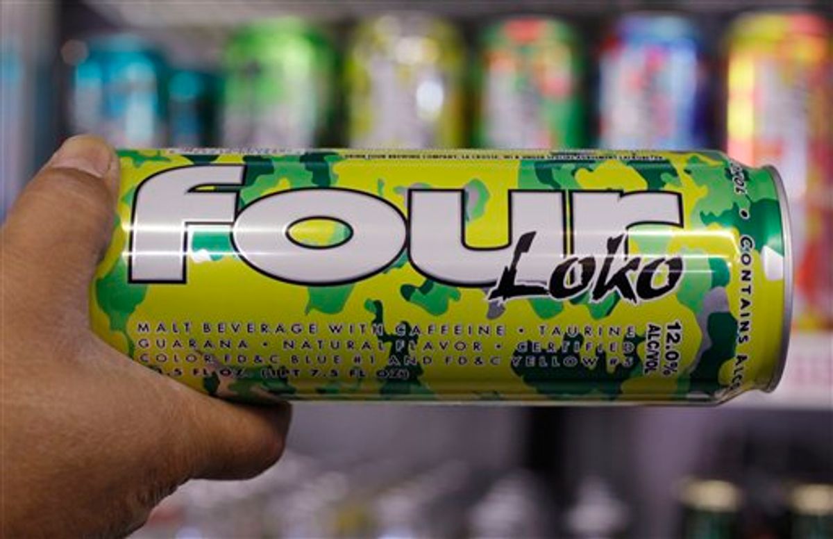 A can of Four Loko is displayed at a liquor store in Palo Alto, Calif., Monday, Oct. 18, 2010. After students at northern New Jersey's Ramapo College were hospitalized because of the effects of Four Loko _ which contains caffeine, other common energy-drink ingredients, and as much alcohol as four beers _ the college president ordered last month that it and similar drinks be banned. He's encouraging other colleges and the state to follow suit. (AP Photo/Paul Sakuma) (AP)