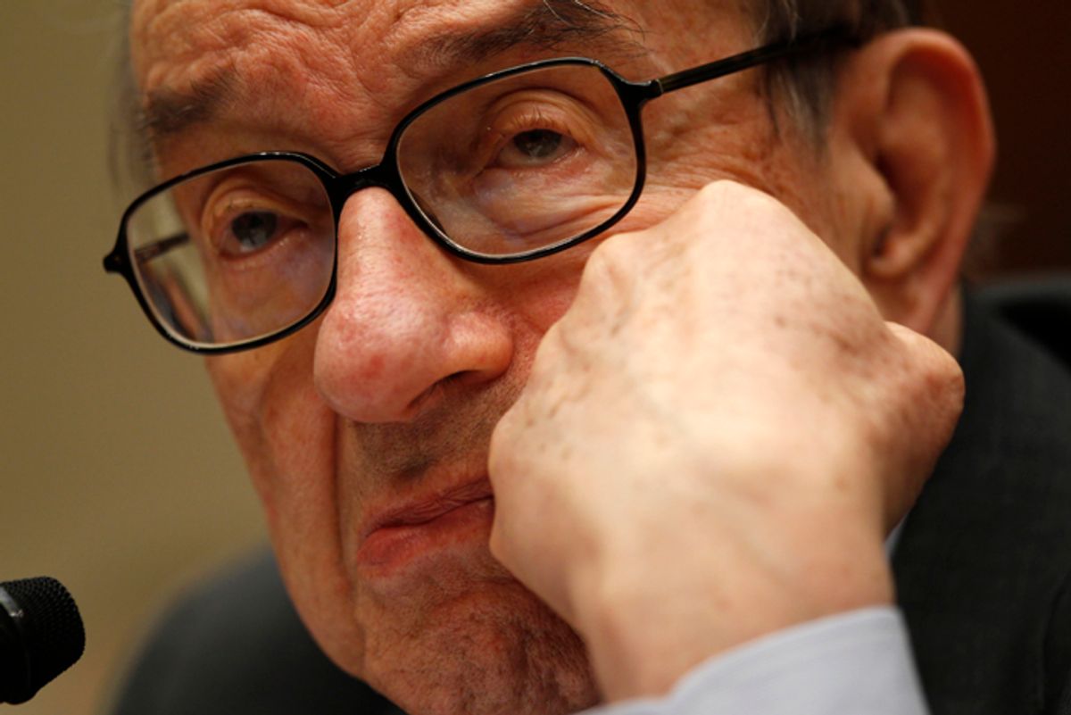 Alan Greenspan, former chairman of the Federal Reserve, testifies before the Financial Crisis Inquiry Commission hearing on Capitol Hill in Washington April 7 , 2010.    REUTERS/Kevin Lamarque  (UNITED STATES - Tags: POLITICS BUSINESS) (Â© Kevin Lamarque / Reuters)