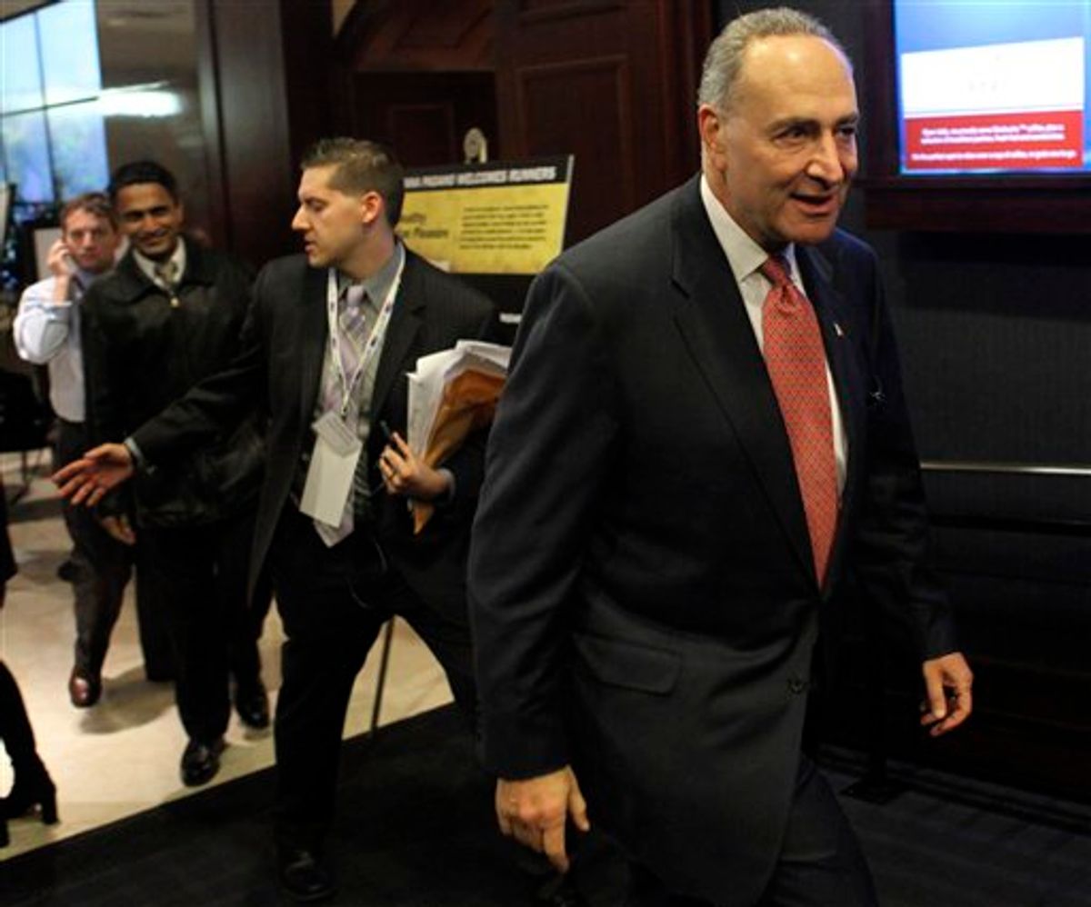 Sen. Charles Schumer, D-N.Y., arrives at a Democratic election night party in New York Tuesday, Nov. 2, 2010. (AP Photo/Mary Altaffer) (AP)