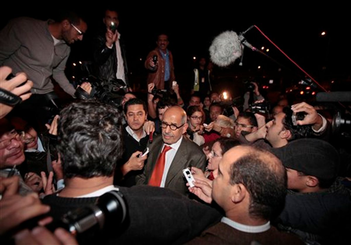 Former Director General of the International Atomic Energy Agency, IAEA, and Nobel Peace Prize winner Mohamed ElBaradei talks to members of the media as he arrives at Cairo's airport in Egypt, from Austria, Thursday, Jan. 27, 2011. ElBaradei told reporters that 'the regime has not been listening.' He urged the Egyptian regime to exercise restraint with protesters, saying they have been met with a good deal of violence which could lead to an 'explosive situation.' (AP Photo/Lefteris Pitarakis) (AP)