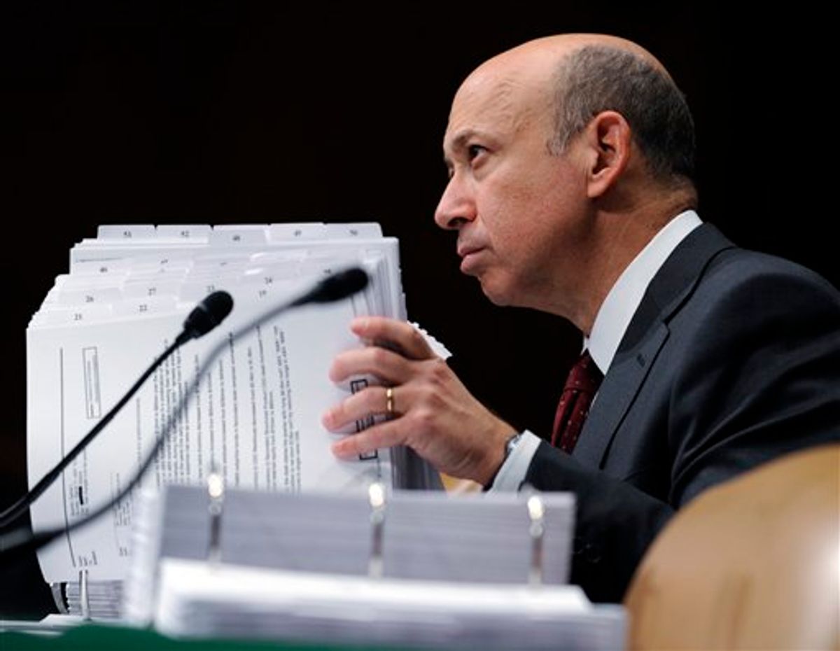 FILE - In this April 27, 2010  file photo, Goldman Sachs chairman and chief executive officer Lloyd Blankfein testifies before the Senate Subcommittee on Investigations hearing on Wall Street investment banks and the financial crisis on Capitol Hill in Washington. In response to widespread criticism over its practices, Goldman Sachs Group Inc. Tuesday, Jan. 11, 2011, released an internal report that makes recommendations on how it can be more transparent about its business practices. (AP Photo/Susan Walsh, File)        (AP)