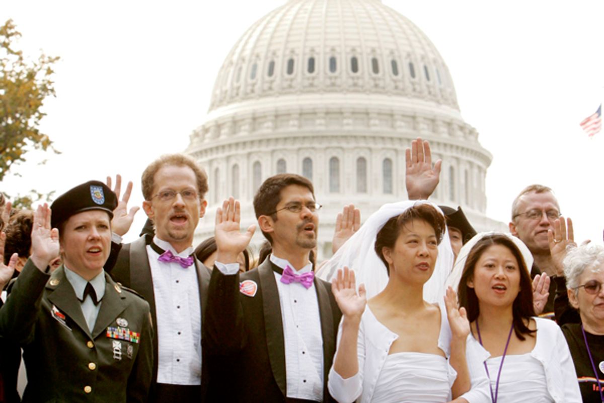 Same sex couples are sworn-in as "Love Warriors" during a rally at the U.S. Capitol, during a cross country tour of the Marriage Equality Caravan 2004 in Washington, October 11, 2004. Same sex couples whose marriage licences were invalidated pending ongoing litigation in California are traveling across the United States to support recognition of civil marriage of same sex couples. From left, are: Former-U.S. Army Sgt. Jacqueline Frank of Akron, Ohio, John Lewis and Stuart Gaffney of San Francisco, and Jeanne Fong, and Jennifer Lin of Emeryville, California. REUTERS/Larry Downing  LSD/SV  (Â© Reuters Photographer / Reuters)
