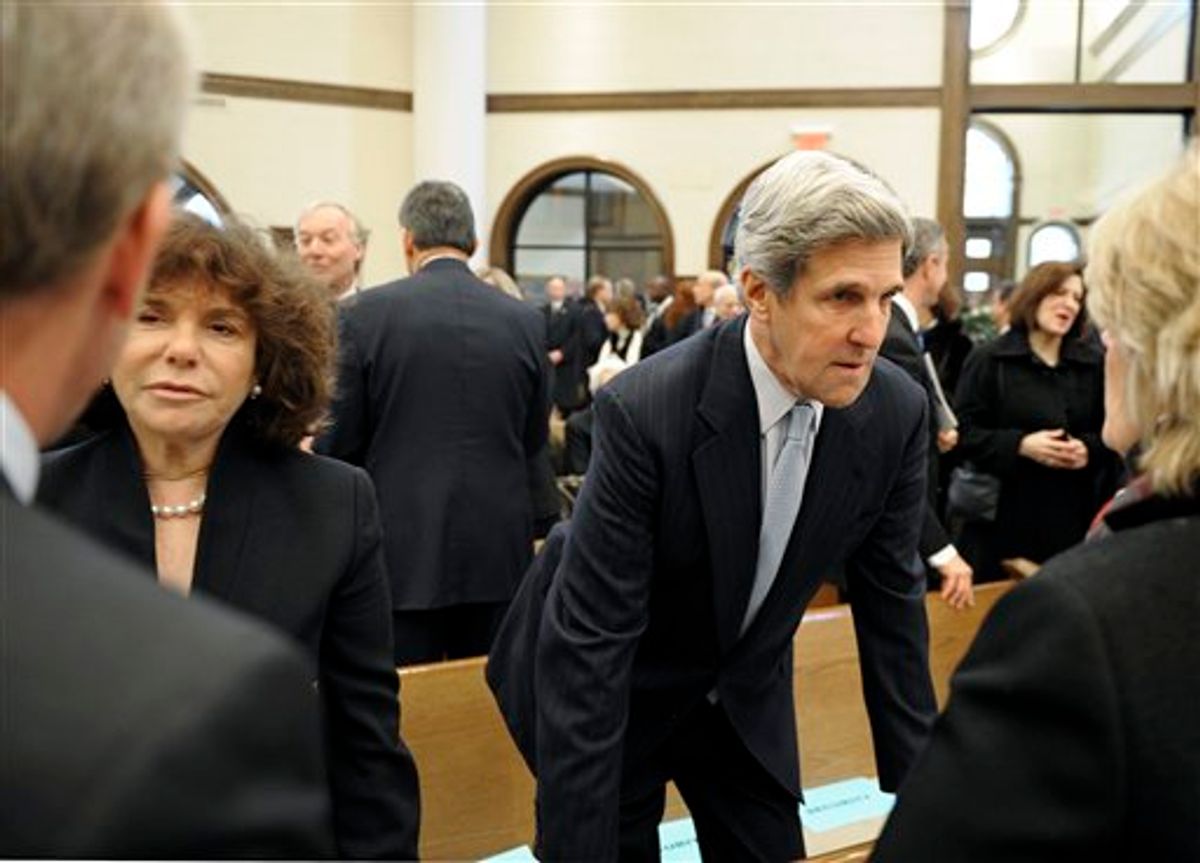 Sen. John Kerry, D-Mass., and his wife Teresa Heinz talks with guests at the funeral Mass for R. Sargent Shriver at Our Lady of Mercy Catholic church in Potomac, Md., Saturday, Jan. 22, 2011.  Shriver, an in-law of the Kennedys, and the first director of the Peace Corps, died Tuesday. He was 95. (AP Photo/Cliff Owen, Pool) (AP)
