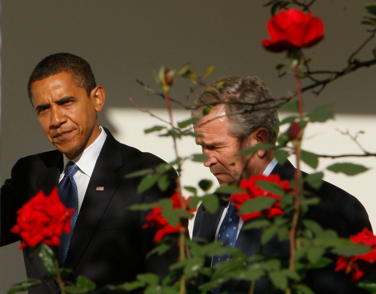 President Bush and President-elect Obama walk along the West Wing Colonnade of the White House in Washington, Monday, Nov. 10,2008, prior to their meeting.  (AP Photo/Charles Dharapak) (Associated Press)