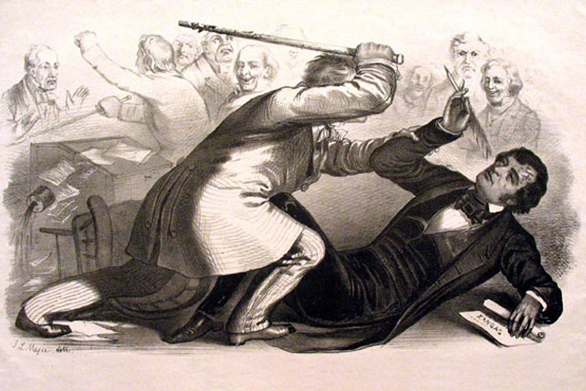 John L. Magee lithograph depicts Preston Brooks's attack on Charles Sumner in 1856.