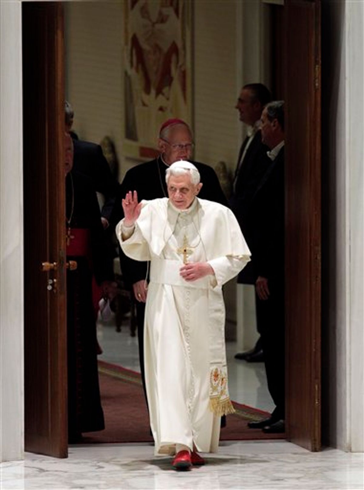 Pope Benedict XVI delivers his blessing as he arrives in the Paul VI hall for the weekly general audience at the Vatican, Wednesday, Jan. 19, 2011. (AP Photo/Andrew Medichini) (AP)