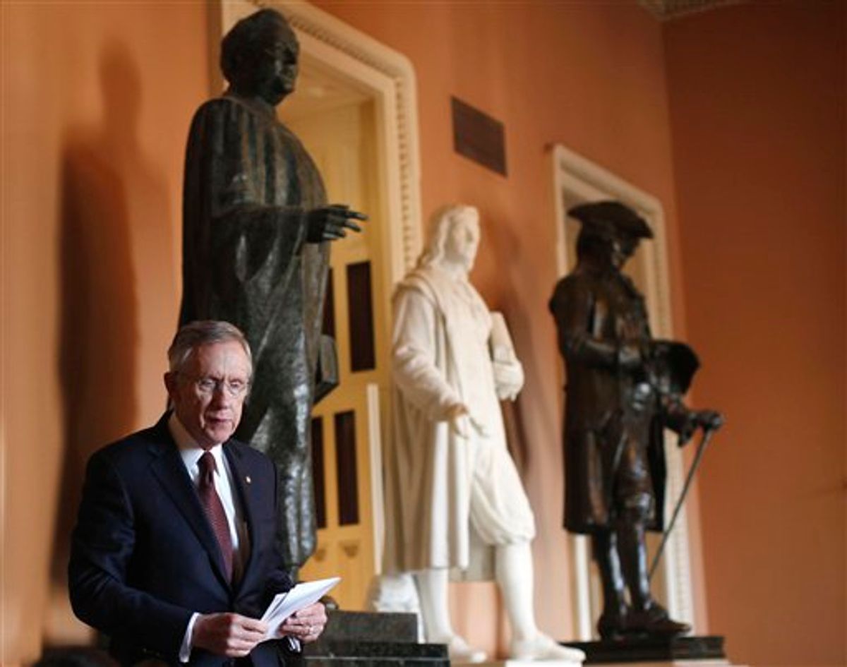 Senate Majority Leader Harry Reid of Nev. leaves the Democratic caucus luncheon to speak to reporters on Capitol Hill in Washington, Thursday, Jan. 6, 2011. (AP Photo/Charles Dharapak) (AP)