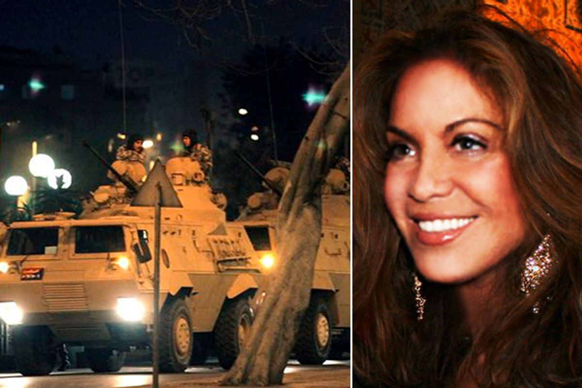 Pamela Geller, left. Right: Egyptian army armored vehicles patrol a street in Cairo following protests in Cairo, Egypt, Friday, Jan. 28, 2011. 