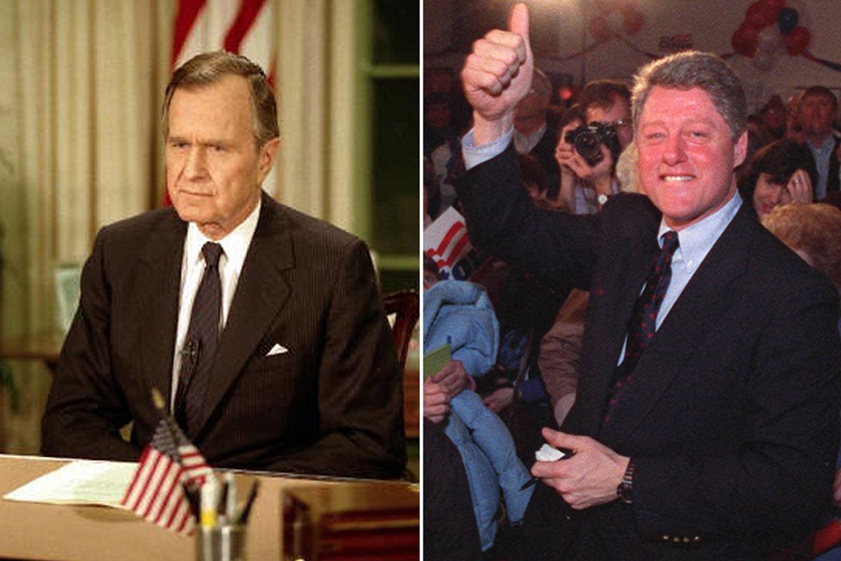 George H.W. Bush prepares to give his Jan. 16, 1991, Oval Office speech announcing the beginning of military action in Iraq (left); and Bill Clinton on the campaign trail in 1992.