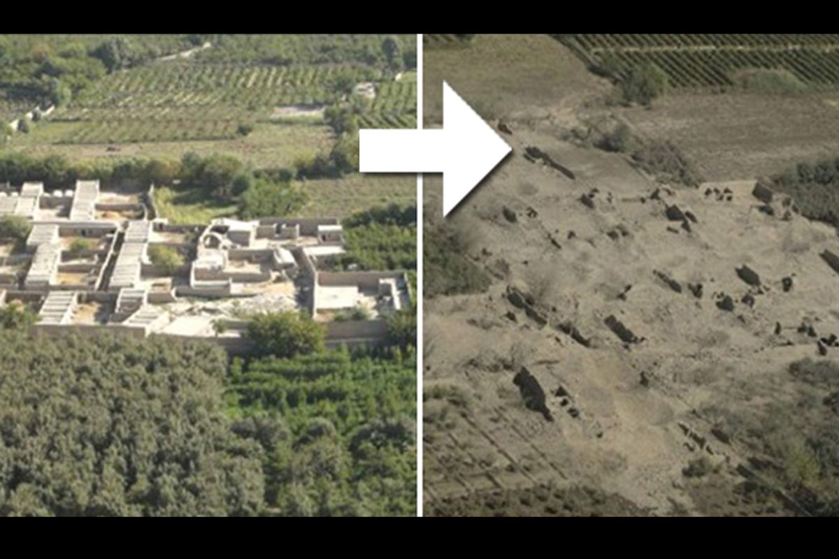 These aerial photos show the Afghan village of Tarok Kalache before and after American troops dropped nearly 25 tons worth of bombs and rockets on the area.