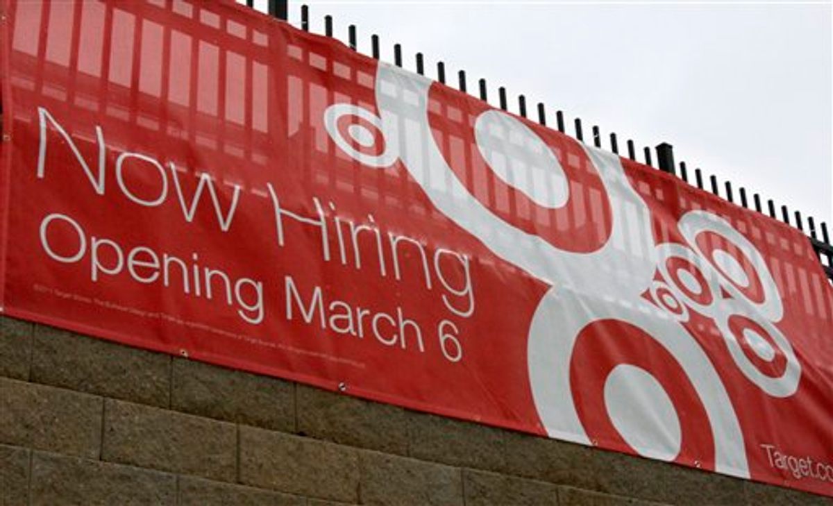 In this Dec. 26, 2010 photo, a sign advertises that a new Target store is hiring workers  in Marborough, Mass. The number of people applying for unemployment benefits drops Thursday, De. 30, 2010, to lowest level since July 2008. (AP Photo/Bill Sikes) (AP)