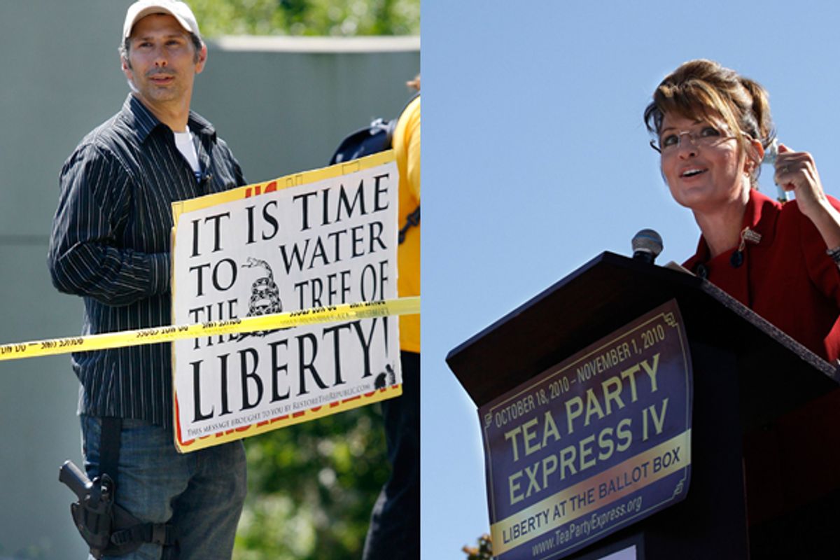 William Kostric wears a 9mm pistol as he stands outside a town hall meeting on health care held by President Barack Obama, Tuesday, Aug. 11, 2009, in Portsmouth, N.H. Right: Sarah Palin