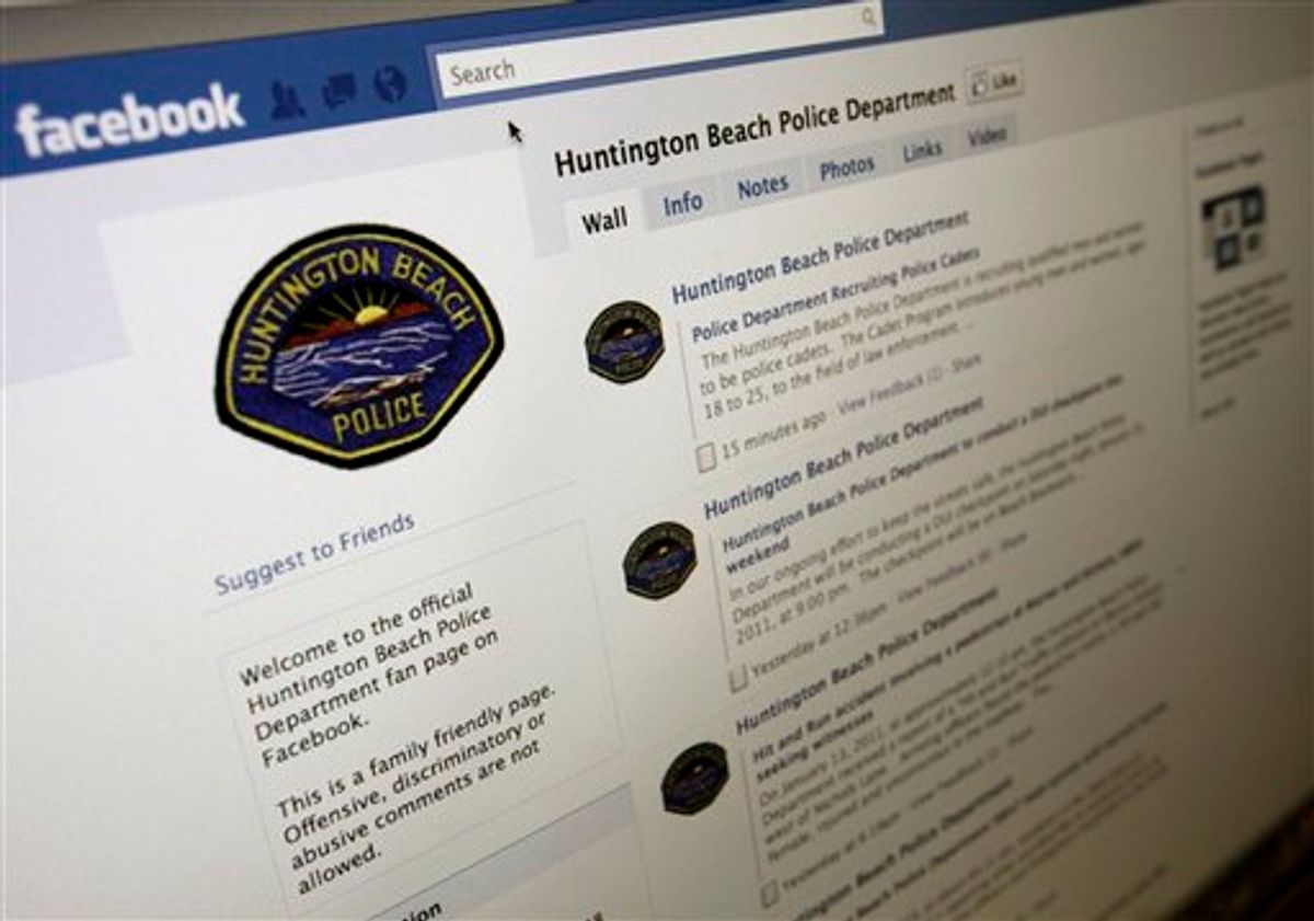 A Facebook page for the Huntington Beach, Calif., Police Department is shown Friday Jan. 14, 2011. The Huntington Beach Police could soon be trying electronic shaming as a way of keeping drunken drivers off the road. A councilman in Huntington Beach wants police to begin posting on Facebook the mug shots of everyone who is arrested more than once for driving while under the influence. (AP Photo/Richard Vogel) (AP)
