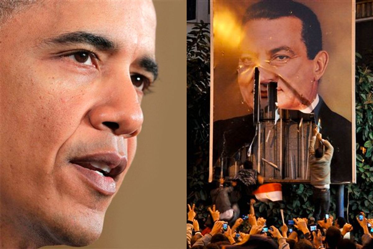 Left: President Barack Obama. Right: Demonstrators deface a poster of  Egyptian President Hosni Mubarak in Alexandria Egypt, Tuesday Jan. 25, 2011.