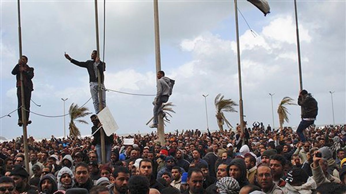 This photograph, obtained by The Associated Press outside Libya and taken by an individual not employed by AP, shows people gathering during recent days' unrest in Benghazi, Libya. (AP Photo) EDITOR'S NOTE: THE AP HAS NO WAY OF INDEPENDENTLY VERIFYING THE EXACT CONTENT, LOCATION OR DATE OF THIS IMAGE. (AP)