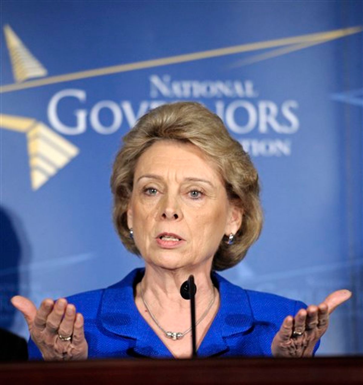National Governors Association (NGA) Chair, Washington Gov. Christine Gregoire gestures during a news conference at the association's winter meeting in Washington, Saturday, Feb. 26, 2011. (AP Photo/Cliff Owen) (AP)