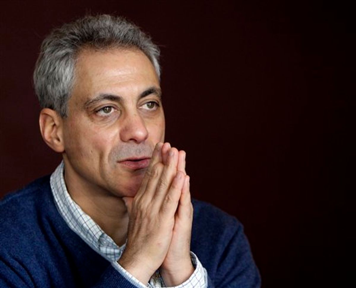 Chicago mayoral candidate Rahm Emanuel talks to reporters during an interview at 42 degrees North Latitude coffee shop in Chicago, Saturday, Feb. 12, 2011. (AP Photo/Nam Y. Huh)   (AP)