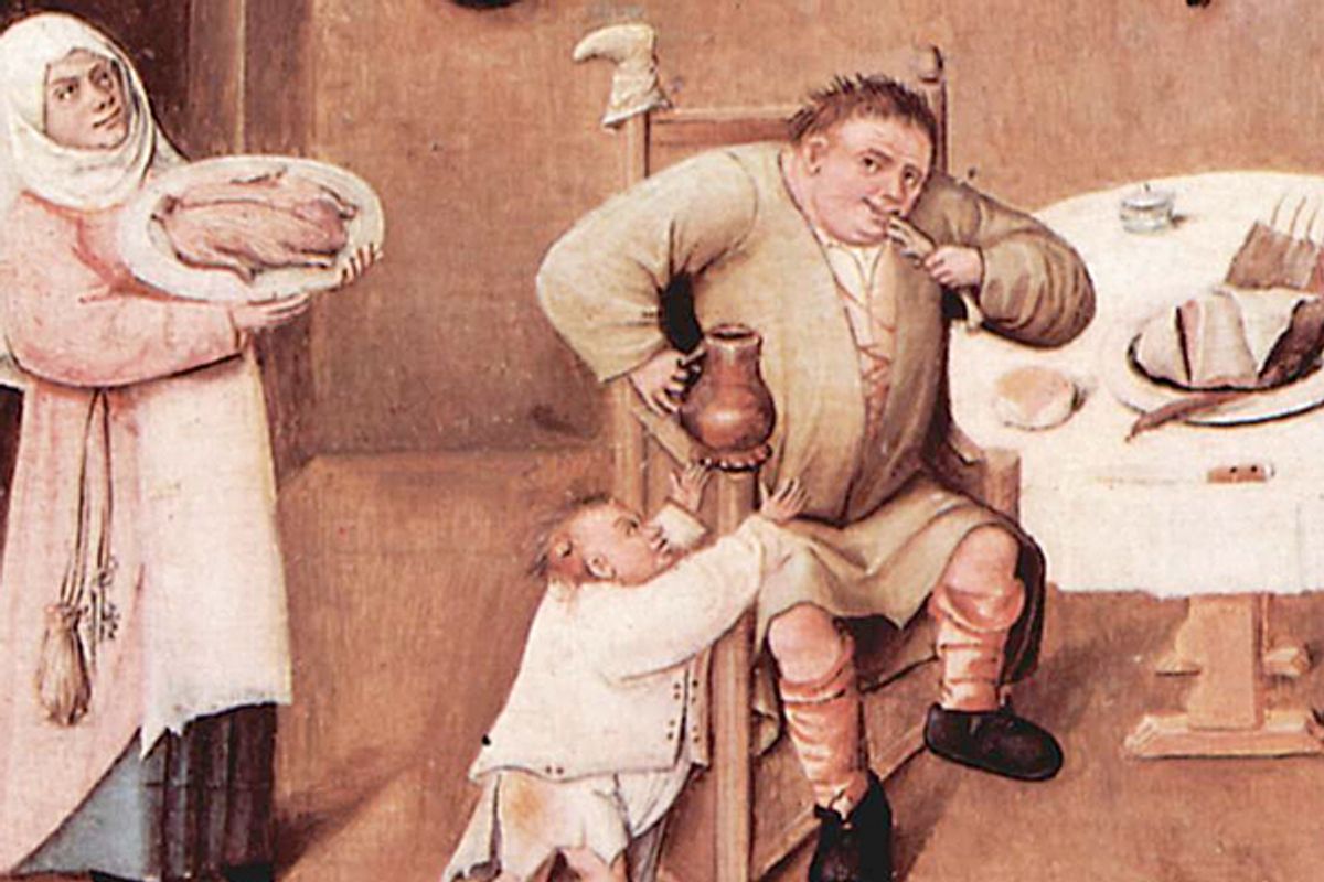 A detail from "Gluttony," in the painting "The Seven Deadly Sins and the Four Last Things" by Hieronymus Bosch