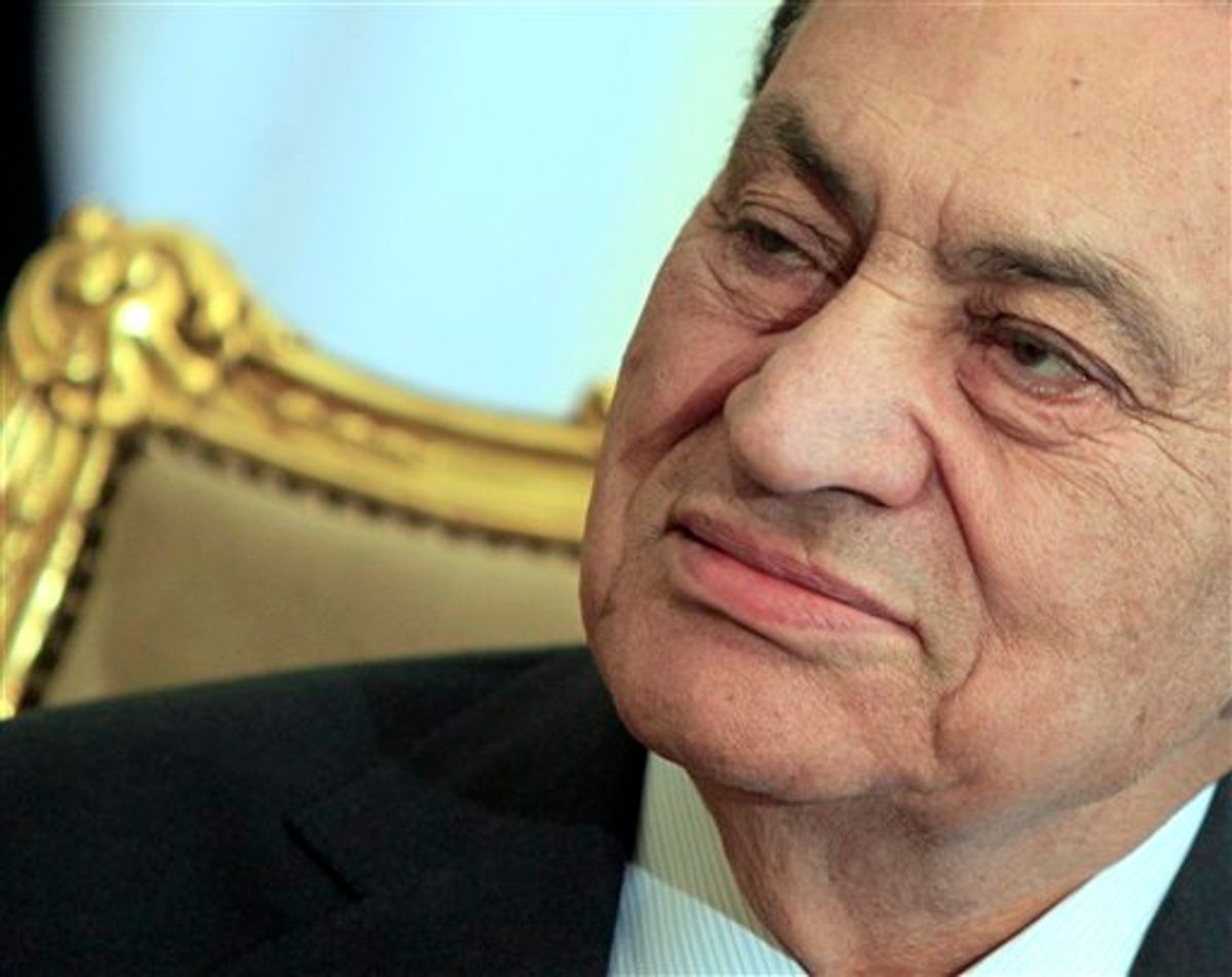 FILE - In this Feb. 8, 2011 file photo, Egyptian President Hosni Mubarak sits during his meeting with Emirates foreign minister, not pictured, at the Presidential palace in Cairo, Egypt. Egypt's vice president says Mubarak resigned on Friday, Feb. 11, 2011 as president and handed control to the military. (AP Photo/Amr Nabil, File)   (AP)