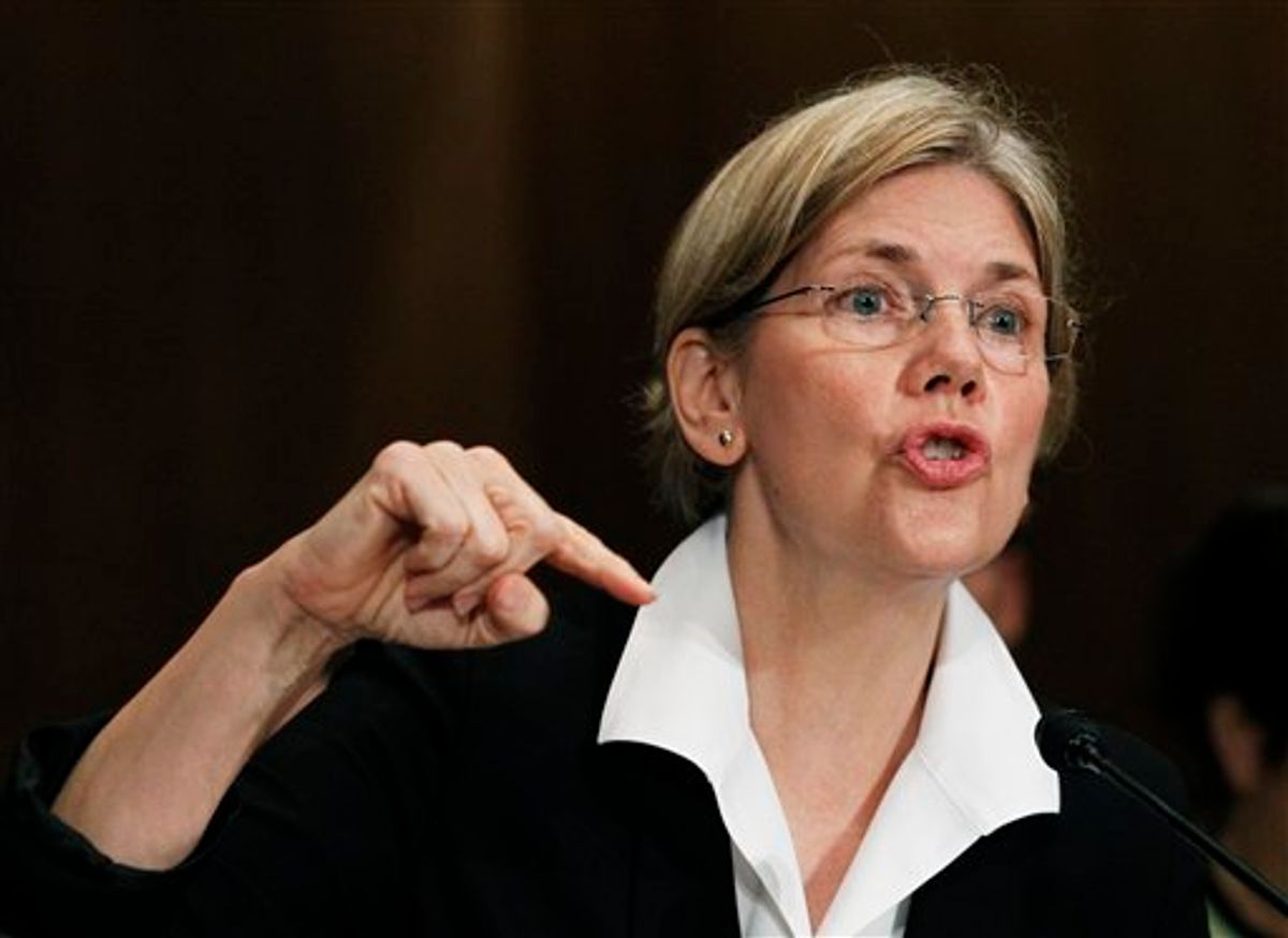 FILE - In this July 21, 2010, file photo, Elizabeth Warren, head of the Congressional Oversight Panel testifies before a Senate Finance Committee hearing to examine the Troubled Asset Relief Program in Washington. (AP Photo/Manuel Balce Ceneta, File)   (AP)