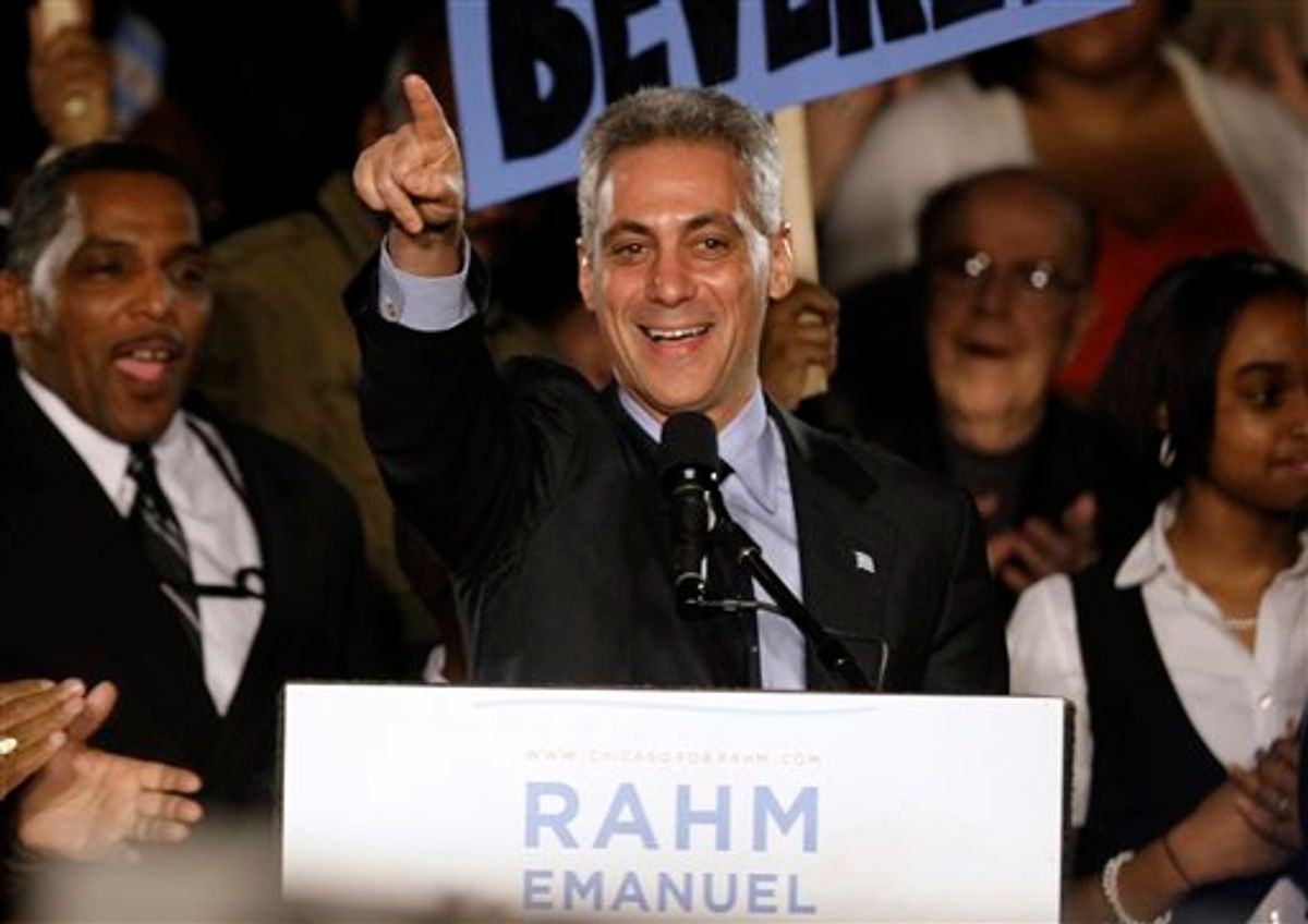 Former White House Chief of Staff Rahm Emanuel speaks at his election night party Tuesday, Feb. 22, 2011 in Chicago. Emanuel was elected mayor of Chicago Tuesday, easily overwhelming five rivals to take the helm of the nation's third-largest city as it prepares to chart a new course without the retiring Richard M. Daley. (AP Photo/Kiichiro Sato)          (AP)