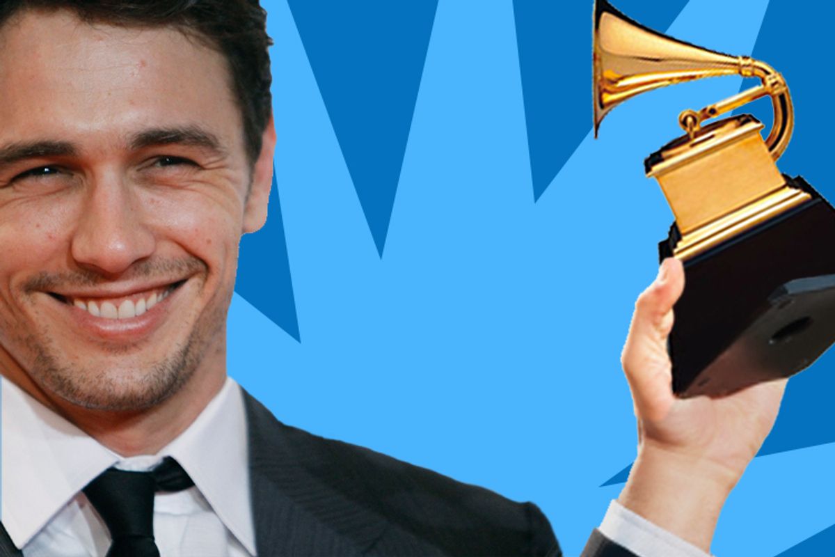 James Franco with the Grammy he was not nominated for -- yet.  