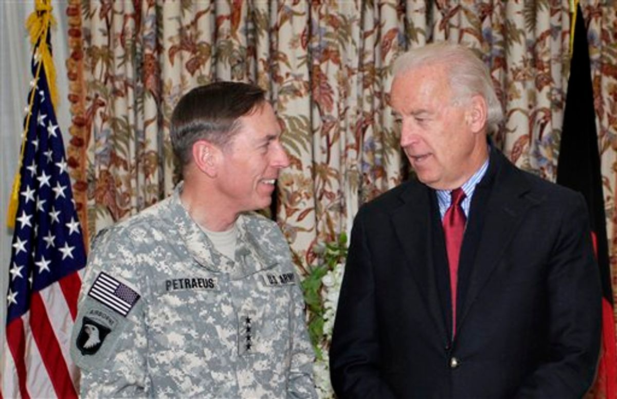U.S. Vice President Joe Biden, right, speaks with Gen. David Petraeus NATO's top commander in Afghanistan during a press event in Kabul, Afghanistan, Monday, Jan. 10, 2011. Vice President Joe Biden was in Afghanistan Monday for a surprise visit aimed at assessing progress in handing over security from foreign to Afghan forces, a key issue that comes against a backdrop of mounting concerns in the U.S. over the gains made in the nearly decade-long war. (AP Photo/Musadeq Sadeq)  (AP)