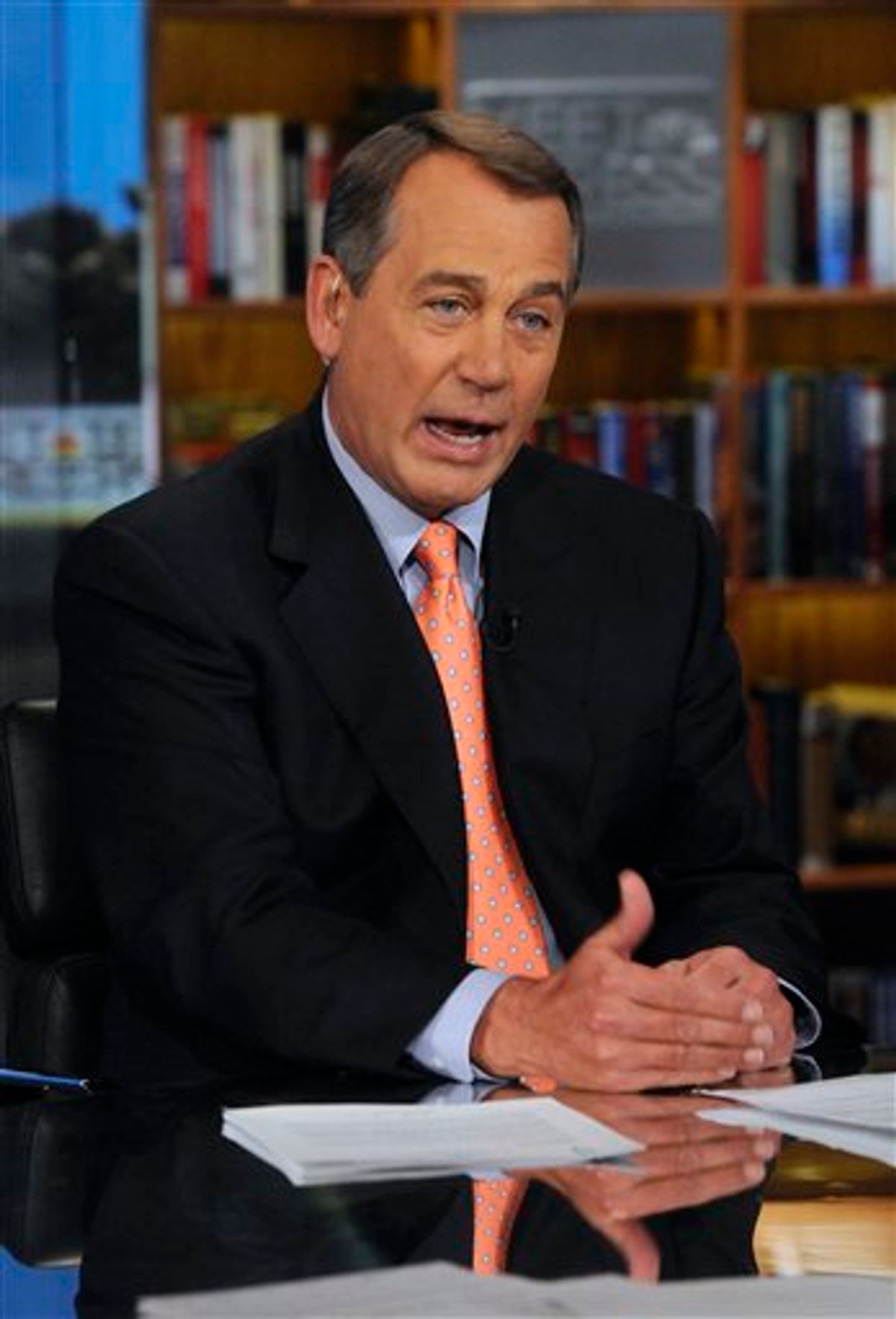 In this photo released by NBC House Speaker Rep. John Boehner, R-Ohio, speaks about the 2012 budget on NBC's "Meet the Press" in Washington Sunday, Feb. 13, 2011. Boehner said he wants President Barack Obama to support Republican efforts to make deep cuts in this year's budget as a down payment in the effort to attack soaring deficits. He sent a letter to the President saying the path to prosperity for the country means "liberating our economy from the shackles of out-of-control government spending and big government."  (AP Photo/NBC, William B. Plowman)  NO ARCHIVES. NO SALES. (AP)