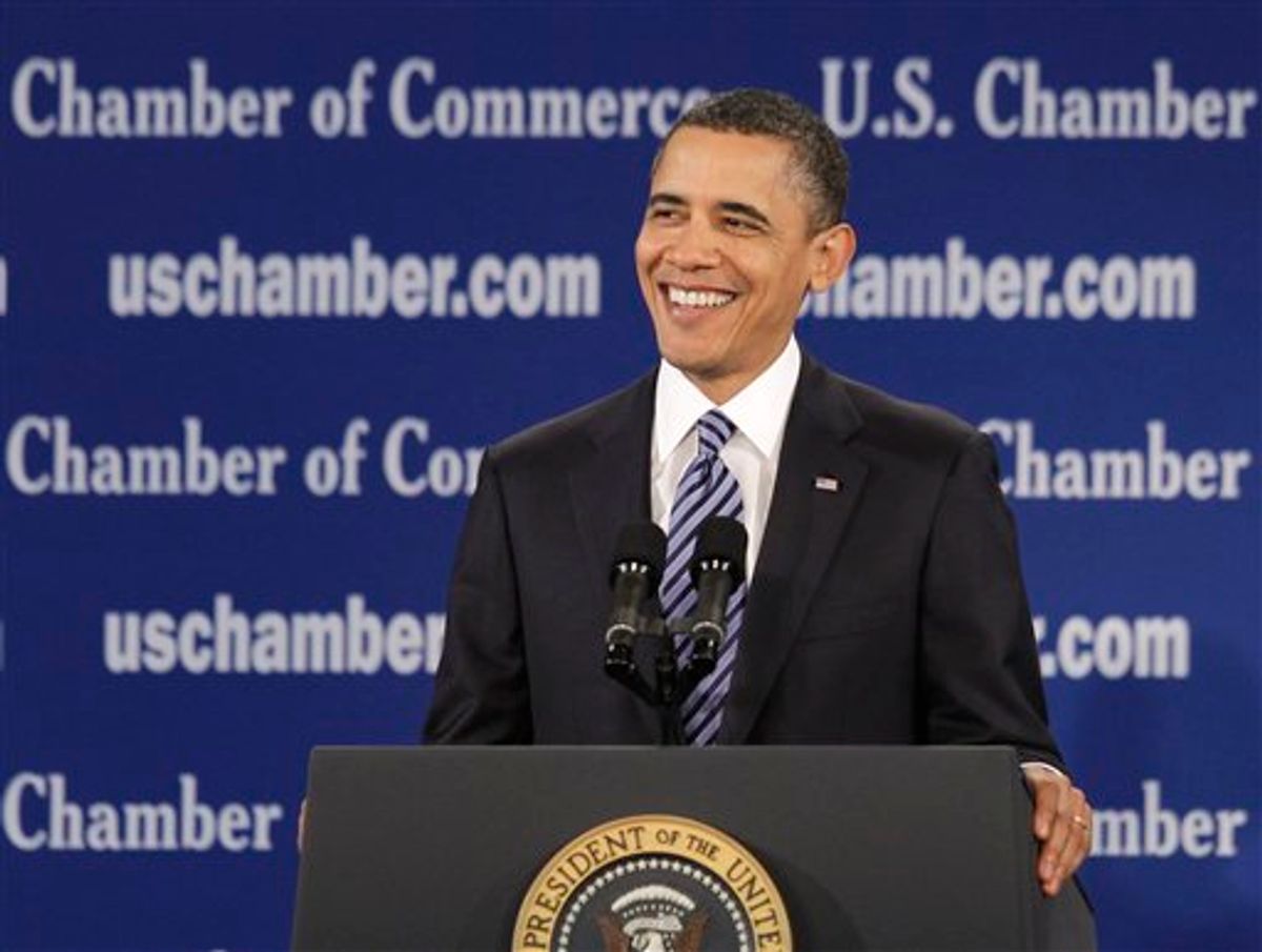 President Barack Obama speaks at the U.S. Chamber of Commerce in Washington, Monday, Feb. 7, 2011. (AP Photo/Charles Dharapak) (AP)