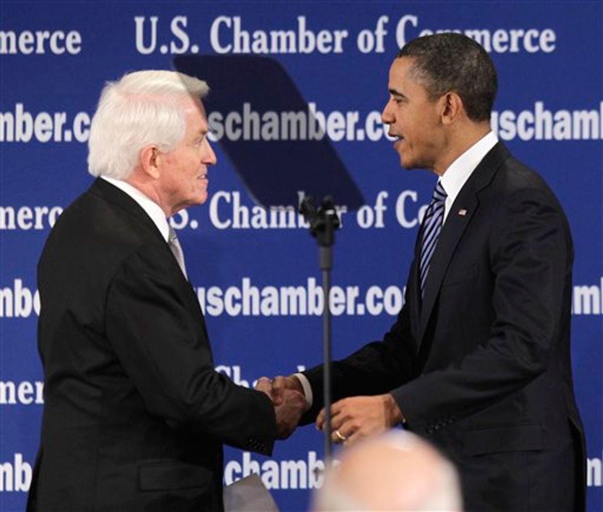 President Barack Obama is introduced by U.S. Chamber of Commerce President and CEO Thomas Donohue before speaking at the U.S. Chamber of Commerce in Washington, Monday, Feb. 7, 2011. (AP Photo/Charles Dharapak)     (AP)