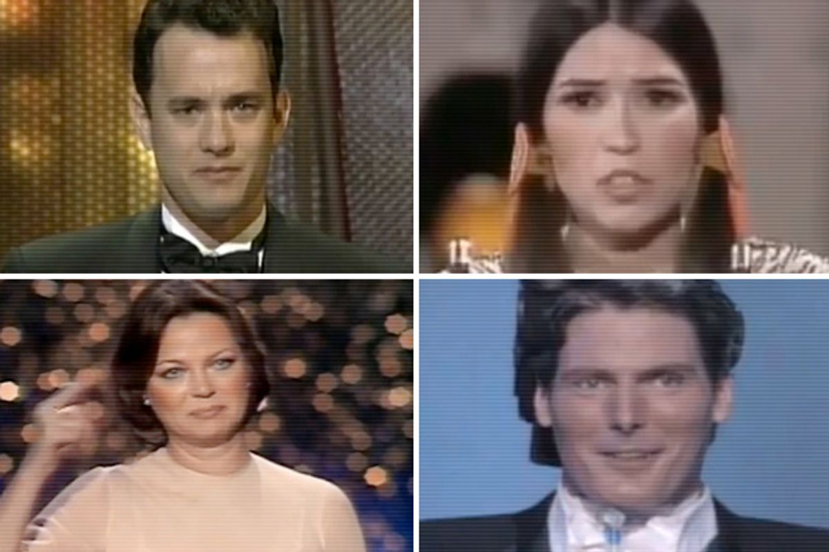 Clockwise from top left: Tom Hanks, Sacheen Littlefeather, Christopher Reeve, Louise Fletcher