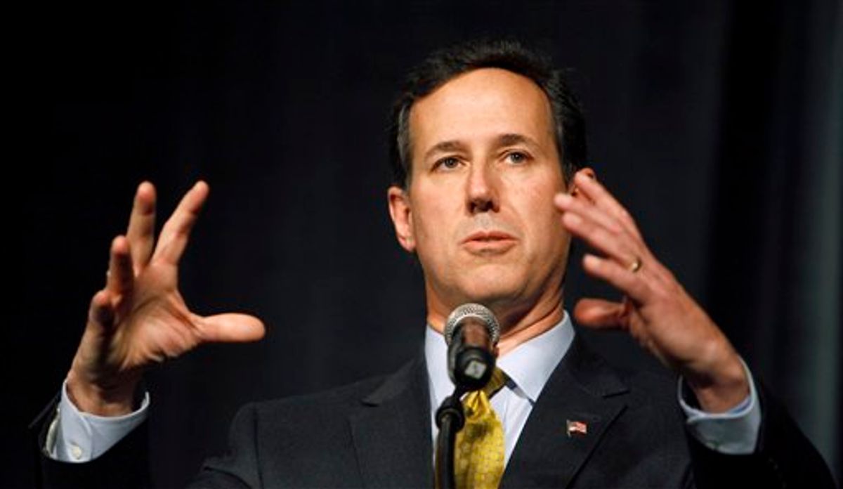 FILE - In this Jan. 25, 2011, file photo, former Pennsylvania Sen. Rick Santorum speaks in Des Moines, Iowa.  The tea party movement is mixing a strange political brew in famously independent New Hampshire, complicating the first-in-the-nation primary strategy for the growing number of potential Republican presidential hopefuls.  (AP Photo/Charlie Neibergall, File) (AP)